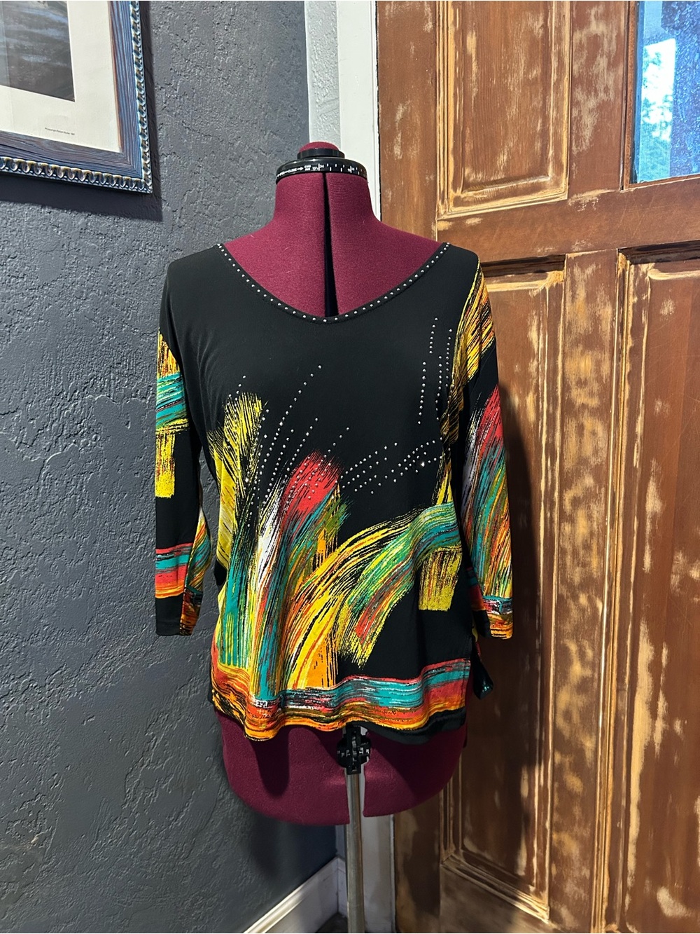 Valentina Black Yellow Red and Green Elbow Length Sleeve Blouse